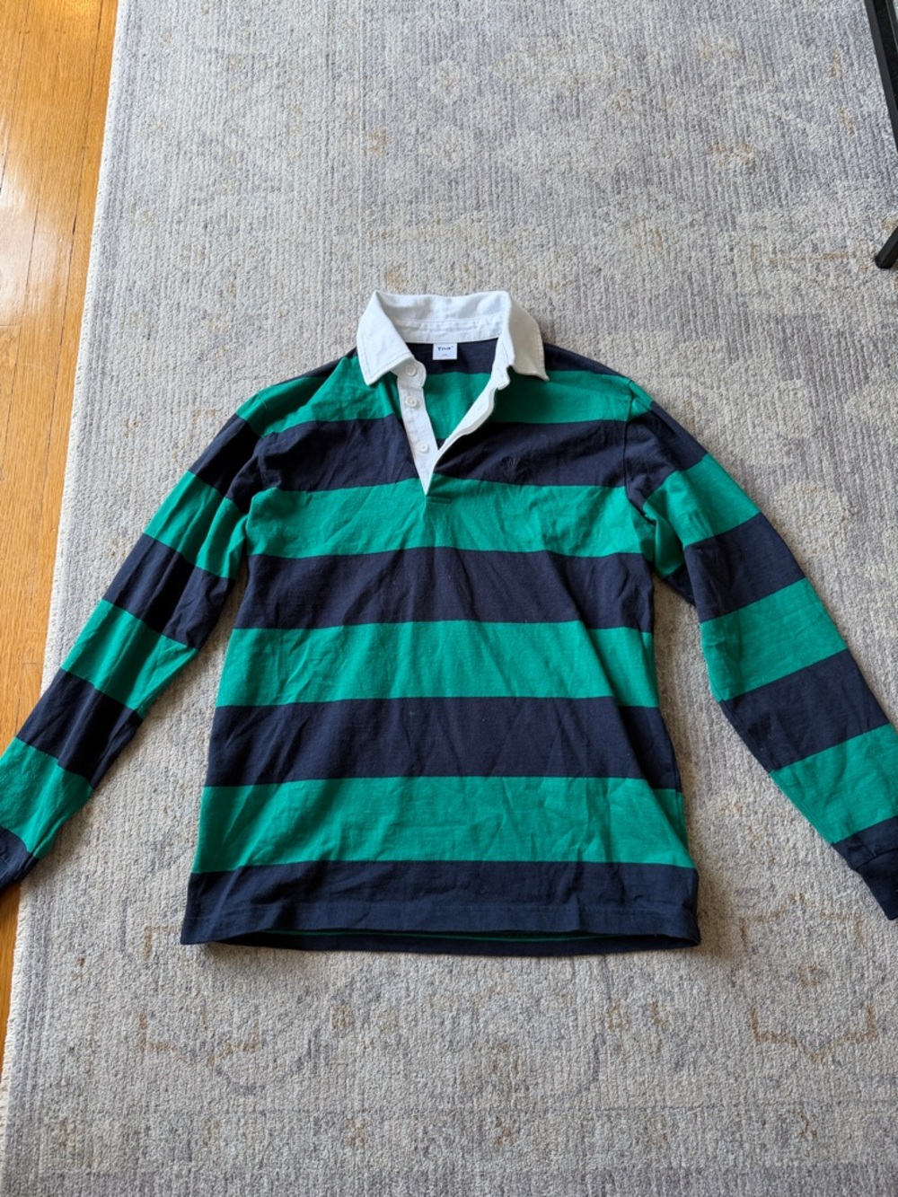 TNA Green & Navy Striped Polo with White Collar